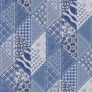 Denim western blue patchwork triangle woven texture. Indigo vintage wash printed cotton textile effect. Patched jean home decor background. Boho bandana quilt stitch allover fabric print material.