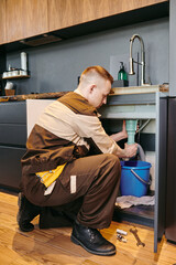 Modern plumber in workwear changing pipe under sink in the kitchen