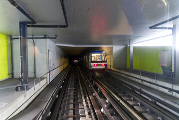 Metro tracks at City of Lausanne on a sunny summer day. Photo taken August 11th, 2021, Lausanne,...