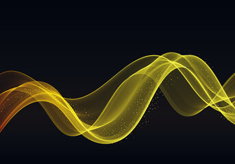 Abstract smooth shiny color golden wave design element,black background.Gold wave flow