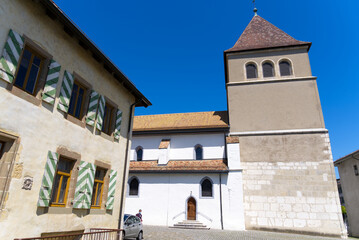 Roman protestant church Notre Dame at City of Nyon on a sunny summer day. 