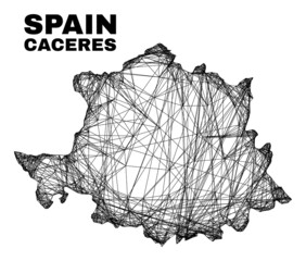 Net irregular mesh Caceres Province map. Abstract lines form Caceres Province map. Wire carcass flat network in vector format.