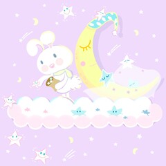 pastel illustration of rabbit set a star free with a sleeping half moon on big cloud at night