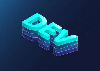 Dev 3d isometric vector text. Isometric blue letters on dark blue background as example for software development.