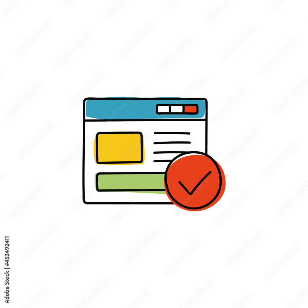 Poster seo browser web with check icon in color icon, isolated on white background