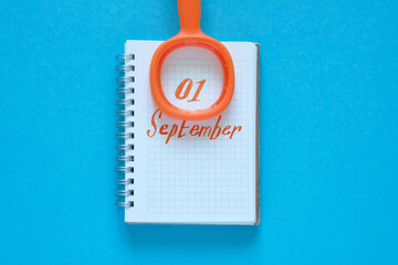 Flat lay. Blue background. In the center is a notebook with the text 