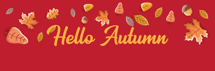 vector hello autumn horizontal banner or label with text and falling autumn leaves on red horizontal background. Cartoon hello autumn poster, flyer or banner