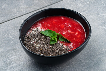 Chia Pudding with Strawberry dessert with chia seeds in bowl