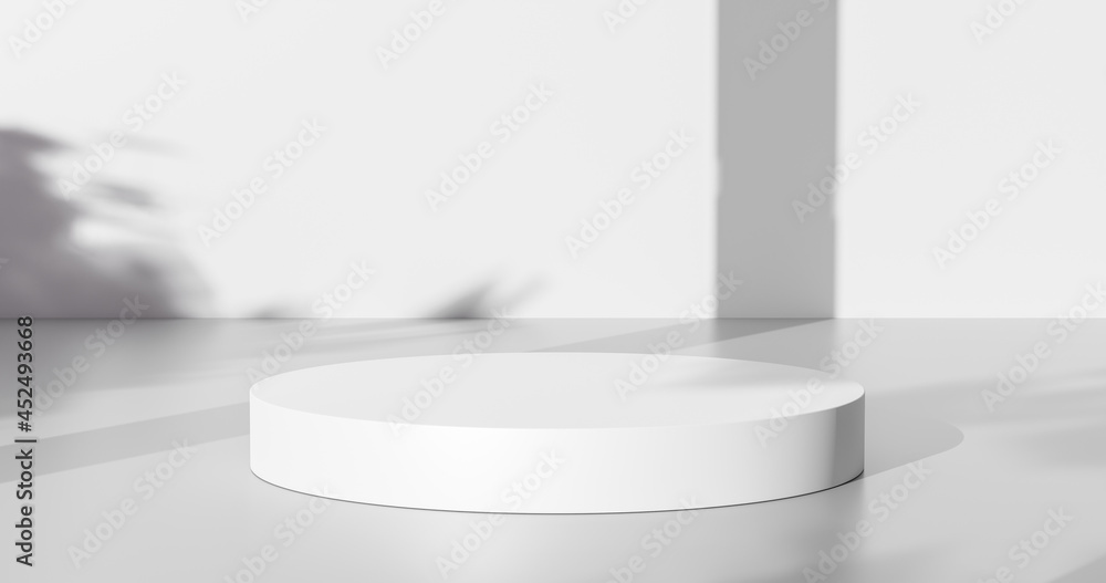 Aufkleber White product background or empty blank space room design and window light minimal shadow display platform stage on interior podium pedestal scene backdrop stand with studio showcase. 3D render.