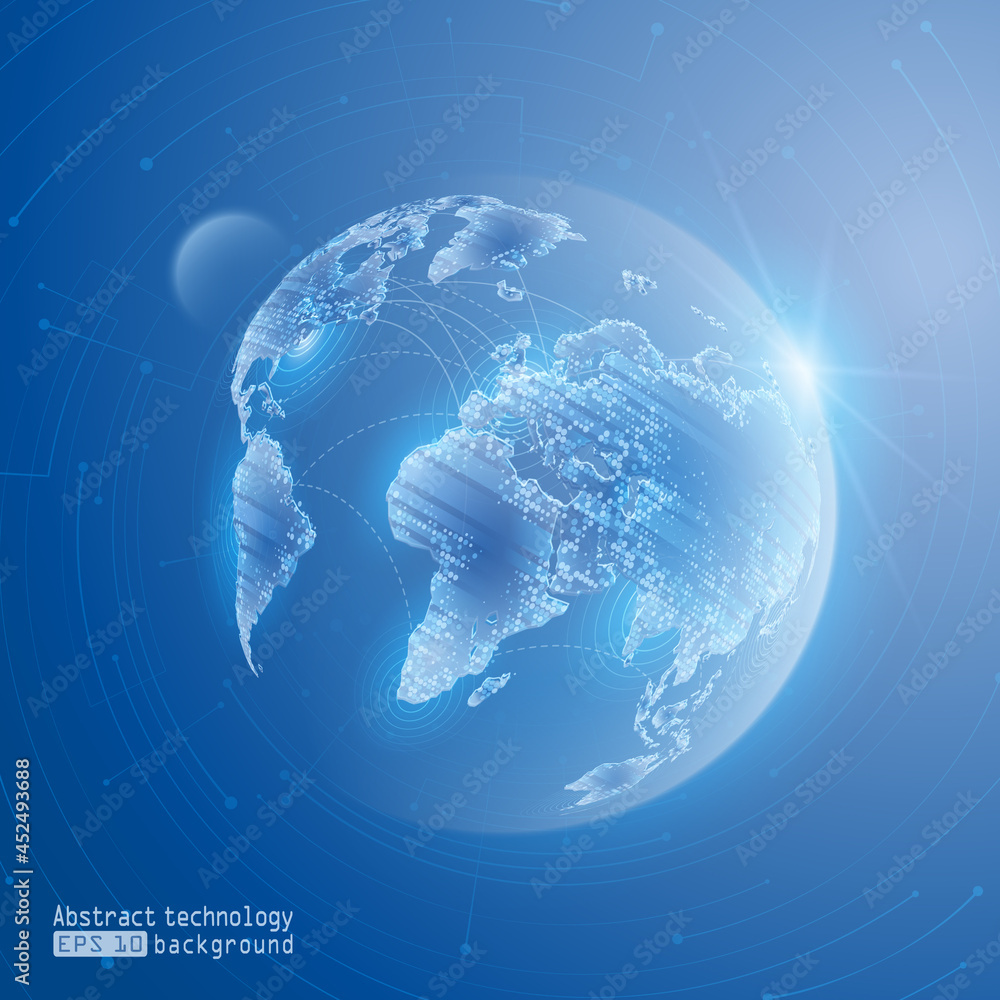 Poster vector image. planet map. blue futuristic background. global digital communications around planet ea
