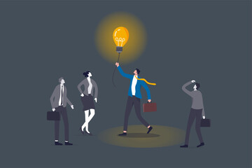 Brighten up business, bright light to guide career path, creativity for solution, lit up to see way in the dark concept, smart businessman manager holding lightbulb idea to help colleague in the dark.