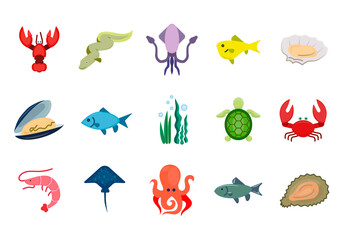 Set of seafood flat icons. Pictogram for web. Sea animals simple symbols. Shrimp, fish, crab, oyster and other ocean animals isolated on white background. Vector eps10