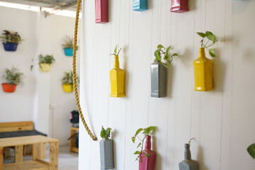 Home Décor with bottle planters of different colors on wall, Wall Decor, Plants, India