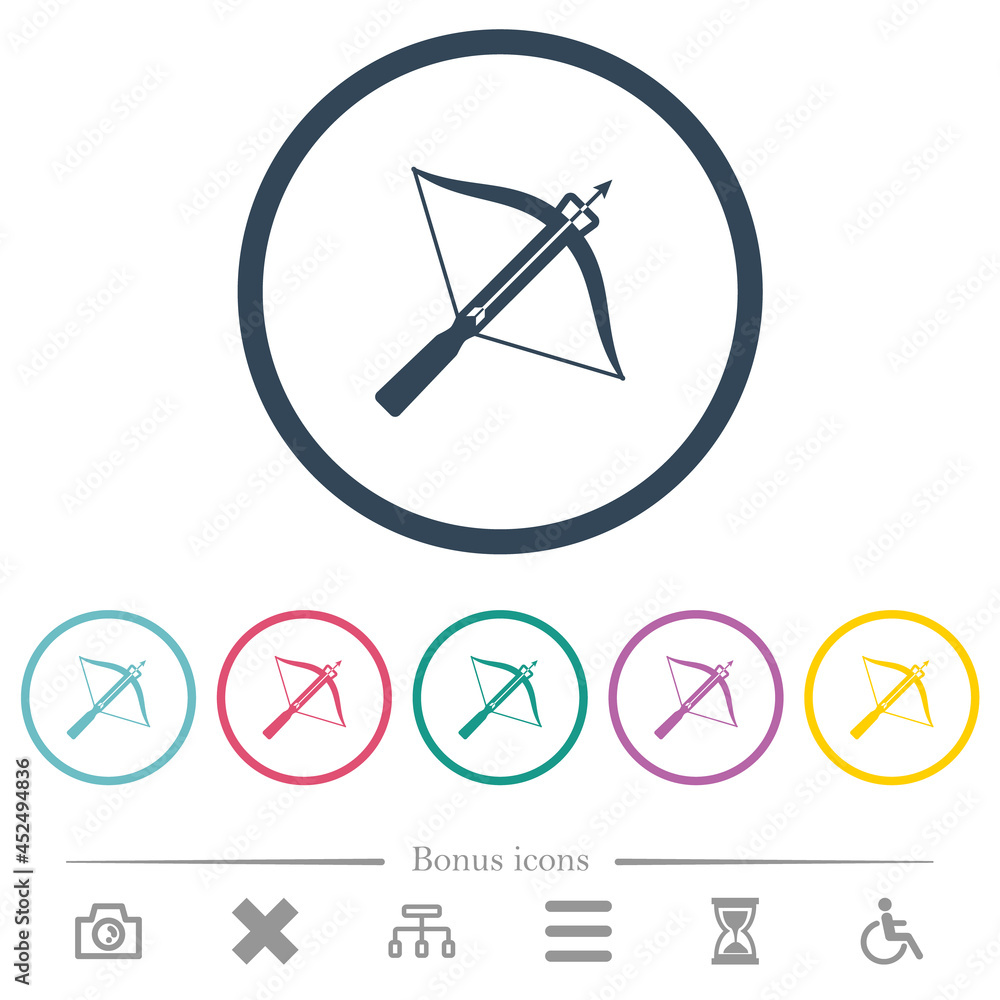 Poster crossbow with arrow flat color icons in round outlines