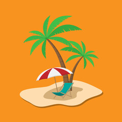 Vacation and travel concept. Beach umbrellas, beach chairs and coconut trees. Flat vector design isolated on orange background.