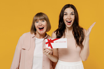Two young surprised daughter mother together couple women wear casual clothes hold gift certificate coupon voucher card for store look to each other isolated on plain yellow color background studio - obrazy, fototapety, plakaty
