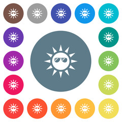 Sun with glossy sunglasses flat white icons on round color backgrounds