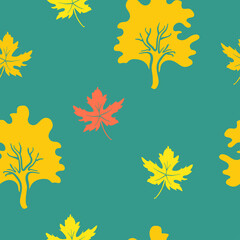 Seamless pattern with autumn leaves, seeds and fruits. Colorful paper cut fall woods collection isolated on background. Doodle hand drawn vector illustration.