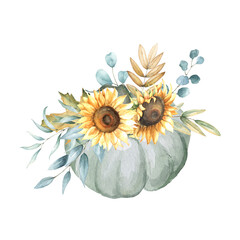 Hand Painted Fall Composition with Pumpkin, Sunflowers, Eucalyptus Leaves, isolated on white background. Watercolor Autumn Illustration for Rustic Card, thanksgiving, design.