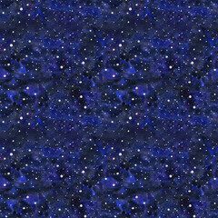An infinite universe. Abstract seamless pattern with an open space. Stylish starry sky ornament on a dark background. Decorative print with a mystical watercolor texture in blue, purple, black