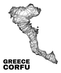 carcass irregular mesh Corfu Island map. Abstract lines form Corfu Island map. Linear carcass flat net in vector format. Vector carcass is created for Corfu Island map using crossing random lines. - obrazy, fototapety, plakaty