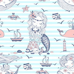 Seamless pattern with cute mermaids on a striped background. Vector