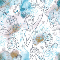 Line art. Beauty body. Seamless pattern with beautiful girls on a watercolor background . Vector