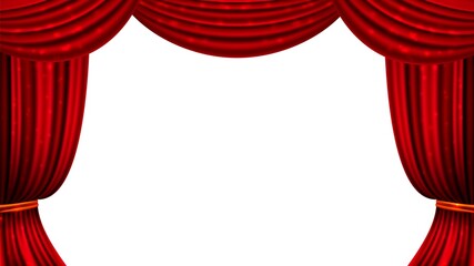 Red curtain. Theater cinema curtains shine elements. Isolated fabric drape vector banner, show circus entertainment ad background