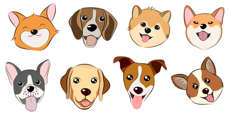 Fototapeta premium Doodle Cartoon dog illustration set in different poses. Cute sitting, running and lying vector dog isolated on white background