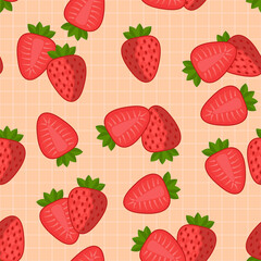 Sweet fresh red fruit strawberry with whole and half seamless vector pattern design