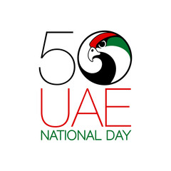 50 UAE national day logo with falcon head icon in the UAE flag colors illustration banner. Sign of United Arab Emirates 2 December Spirit of the union 50 National day Anniversary Celebration Card 2021