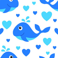 Blue cute funny blue whale cartoon kid and hearts seamless pattern. Vector illustration.