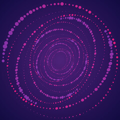 Music dot wave background, speed circles and particles, neon halftone pattern. Vector purple and pink abstract illustration.