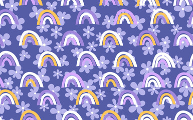 Trendy seamless pattern with colorful rainbow, flowers on color background. Design for invitation, poster, card, fabric, textile, fabric. Cute holiday illustration for baby. Scandinavian doodle style