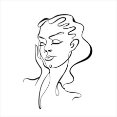 Line art. The girl's face is drawn with one line of the Cosmetology logo. Black and white Vector