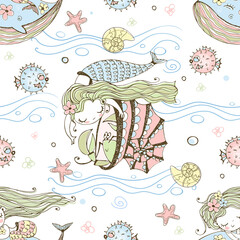 Seamless pattern with cute little mermaids and sea animals. Vector