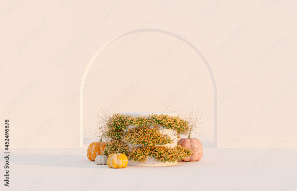 Poster autumn scene with product stand and pumpkins. 3d rendering background.