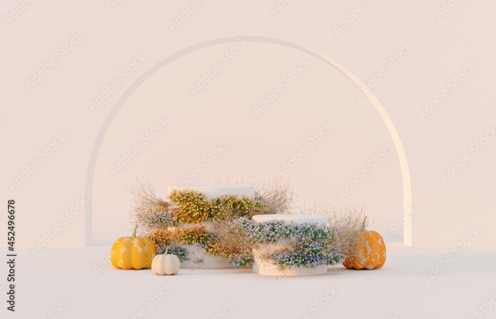 Poster autumn scene with product stand and pumpkins. 3d rendering background.