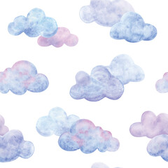 The clouds flying across the sky are pink, lilac, and blue. Seamless pattern with watercolor illustrations. Children's ornament in soft colors on a white background. Printing, for fabric, wallpaper