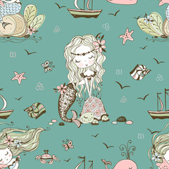 Seamless pattern with cute little mermaids. Vector