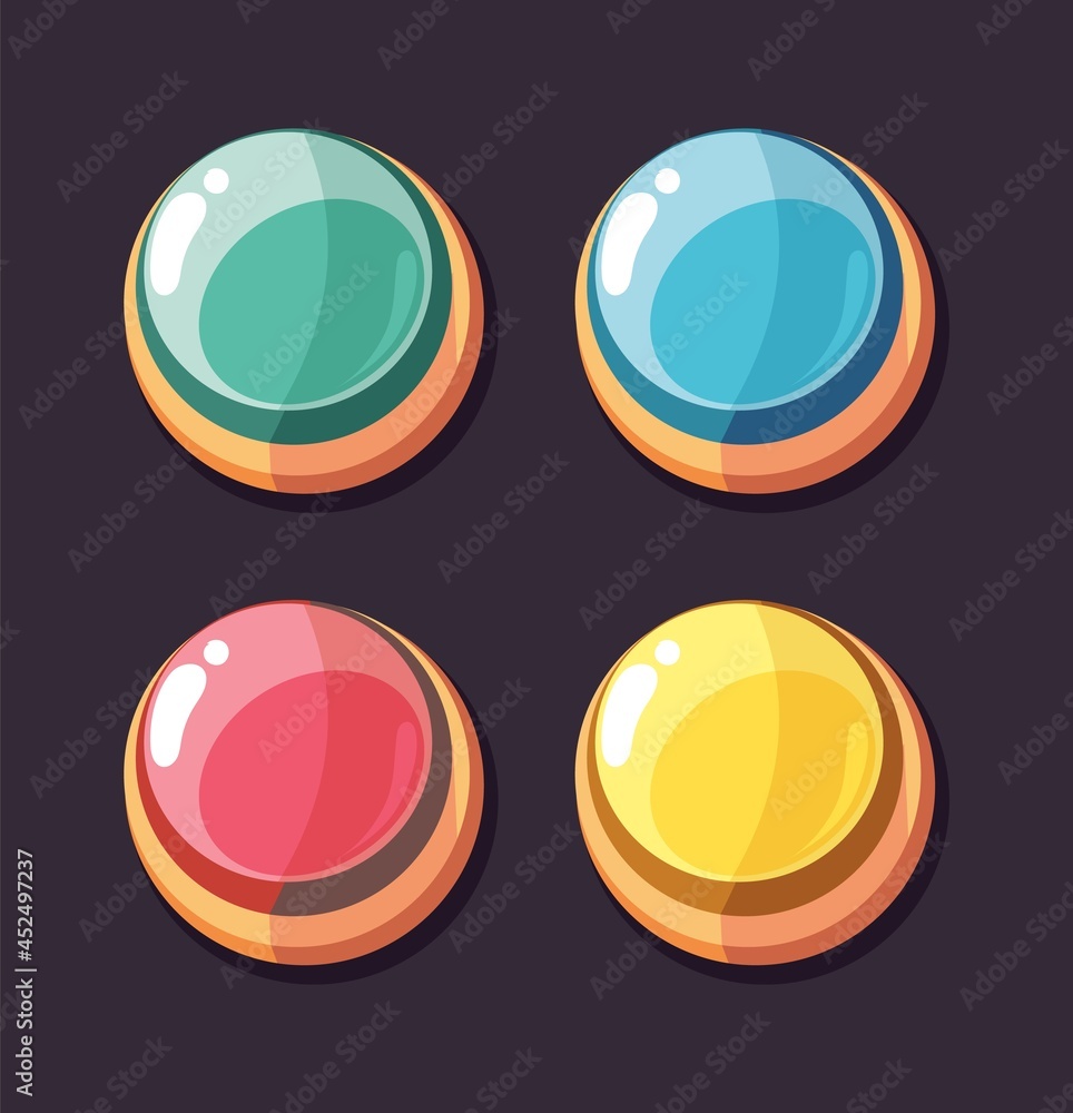 Poster round interface buttons. cartoon color button, user app gaming development elements. game design, sh
