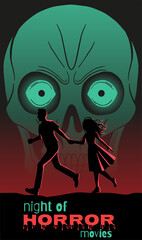 poster for halloween or horror movie marathon in green colours. skull and running couple