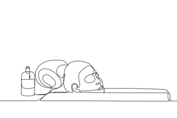 woman taking a bath with a cosmetic mask on her face or patches on her eyes - one line drawing. woman's head lies on a twisted cloth. concept of beauty treatments, self care