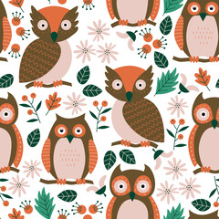 Cute and funny pattern with owl and forest flowers. Design for kids, school, autumn. Vector pattern.