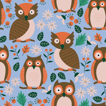 Cute and funny pattern with owl and forest flowers. Design for kids, school, autumn. Vector pattern.