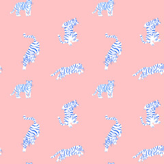 Fototapeta na wymiar seamless pattern with cute tigers on background. Fashionable fabric design.