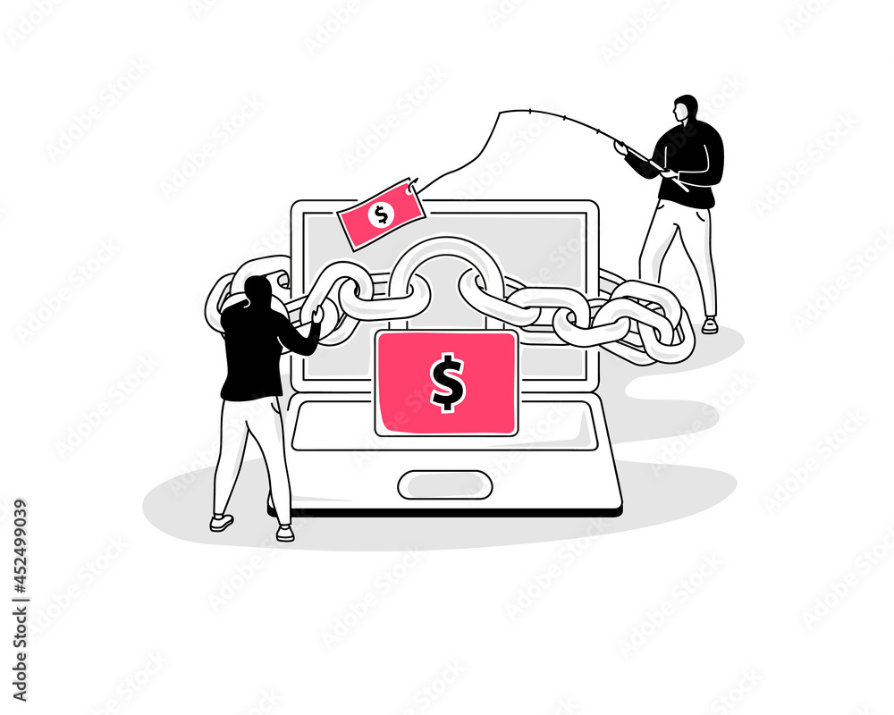 Aufkleber Illustration of ransomware symbol with a laptop and two hackers. Easy to use for your website or presentation.