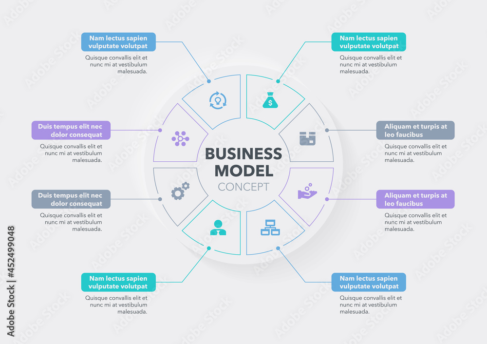 Poster Modern concept for business model diagram with eight steps and place for your description. Flat infographic design template for website or presentation.