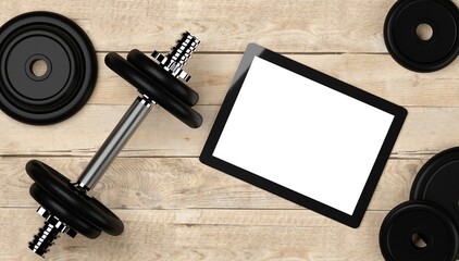 Dumbbell with weights and tablet computer on wooden floor background flat lay top view from above with copy space, online fitness video or application template