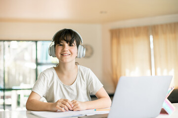 child girl, online learning, digital education, home schooling, studying at home 